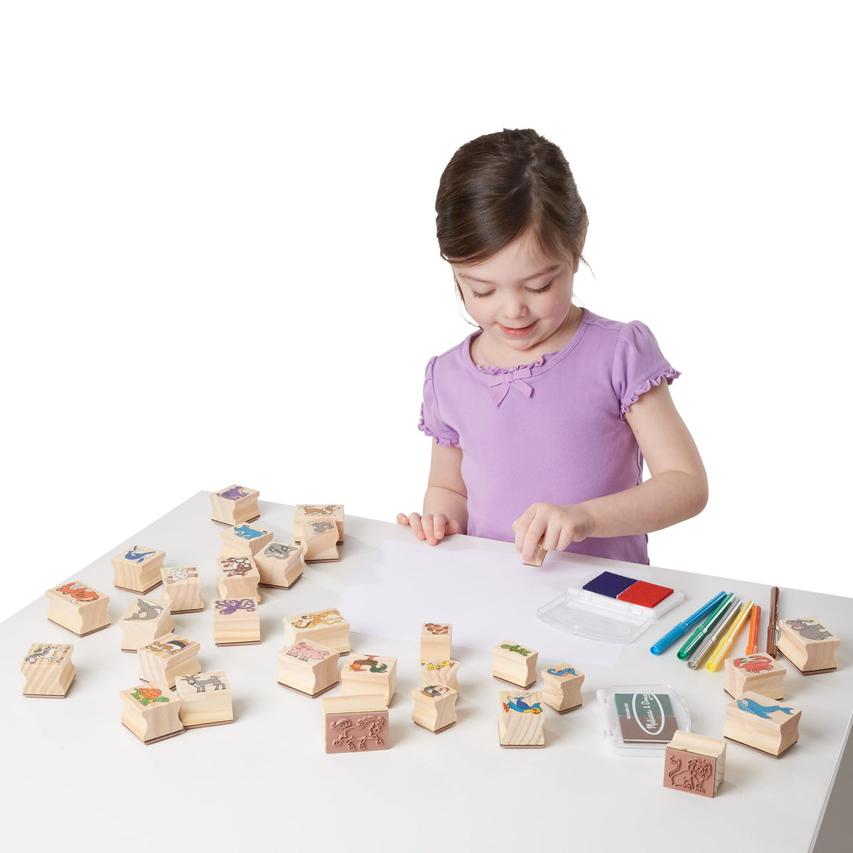 Melissa & Doug farm, ocean, safari, and pet stamps—versatile for themed projects.