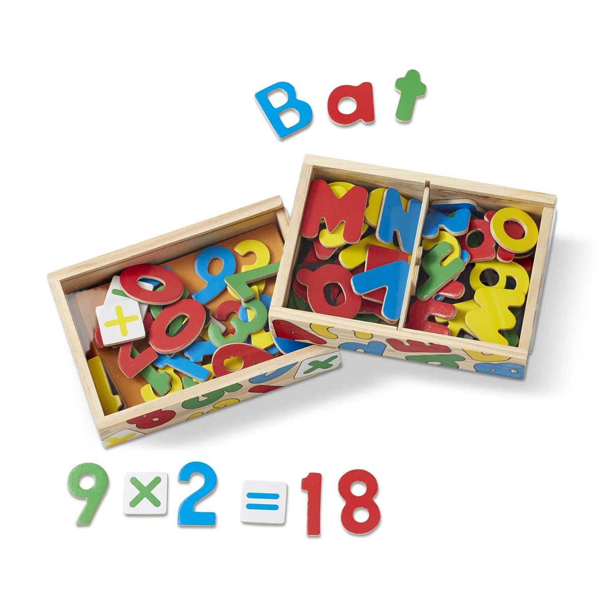 Bright magnets from Melissa & Doug Deluxe Magnetic Letters and Numbers Set support sorting and matching.