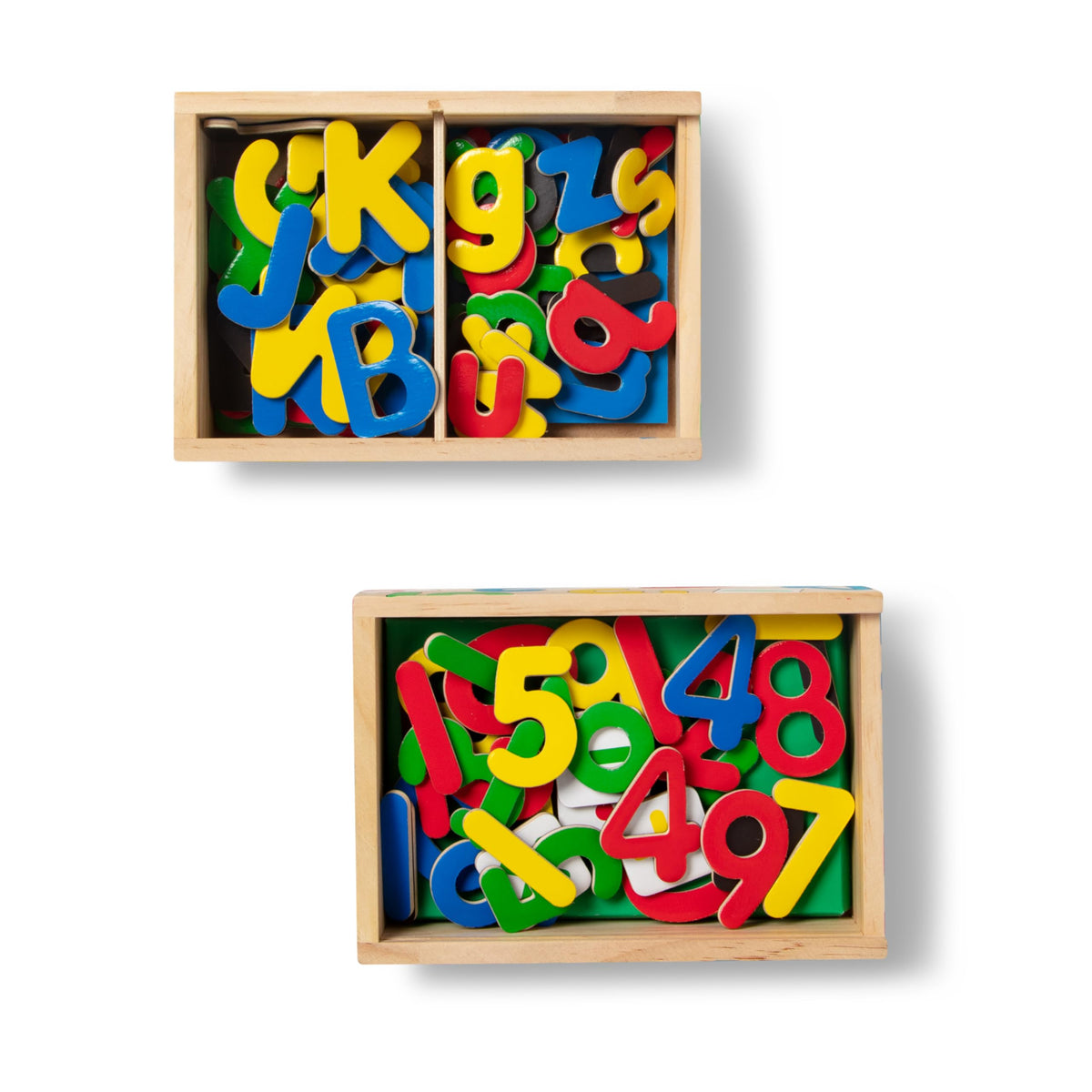 Melissa & Doug Deluxe Magnetic Letters and Numbers Set child-safe wooden magnets with smooth edges.