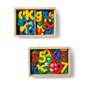Melissa & Doug Deluxe Magnetic Letters and Numbers Set child-safe wooden magnets with smooth edges.