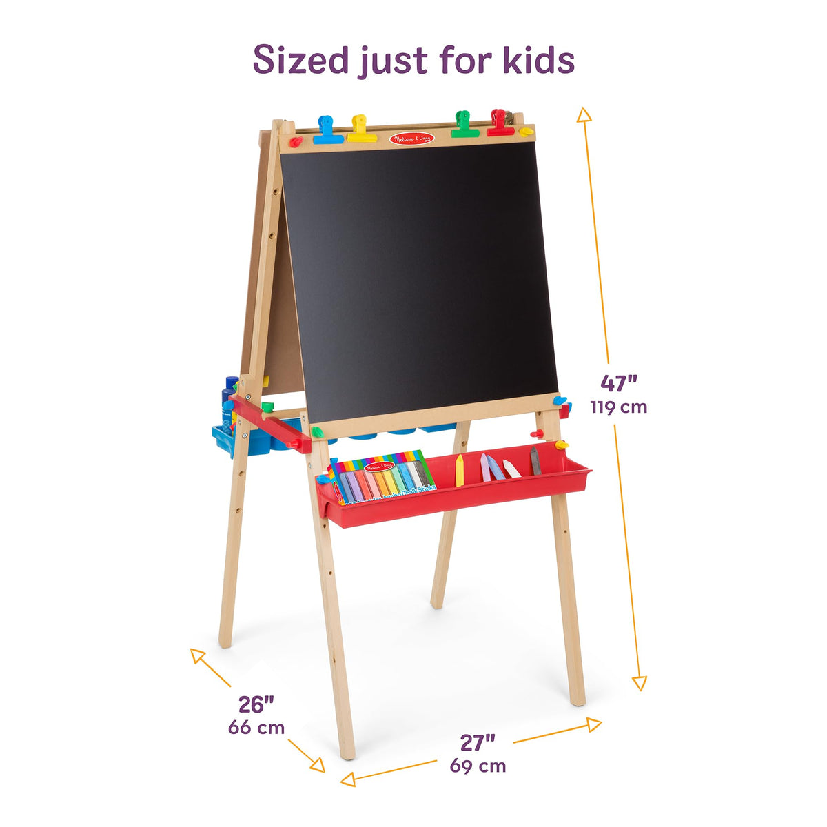 Melissa & Doug deluxe easel with four clip grips securing artwork.