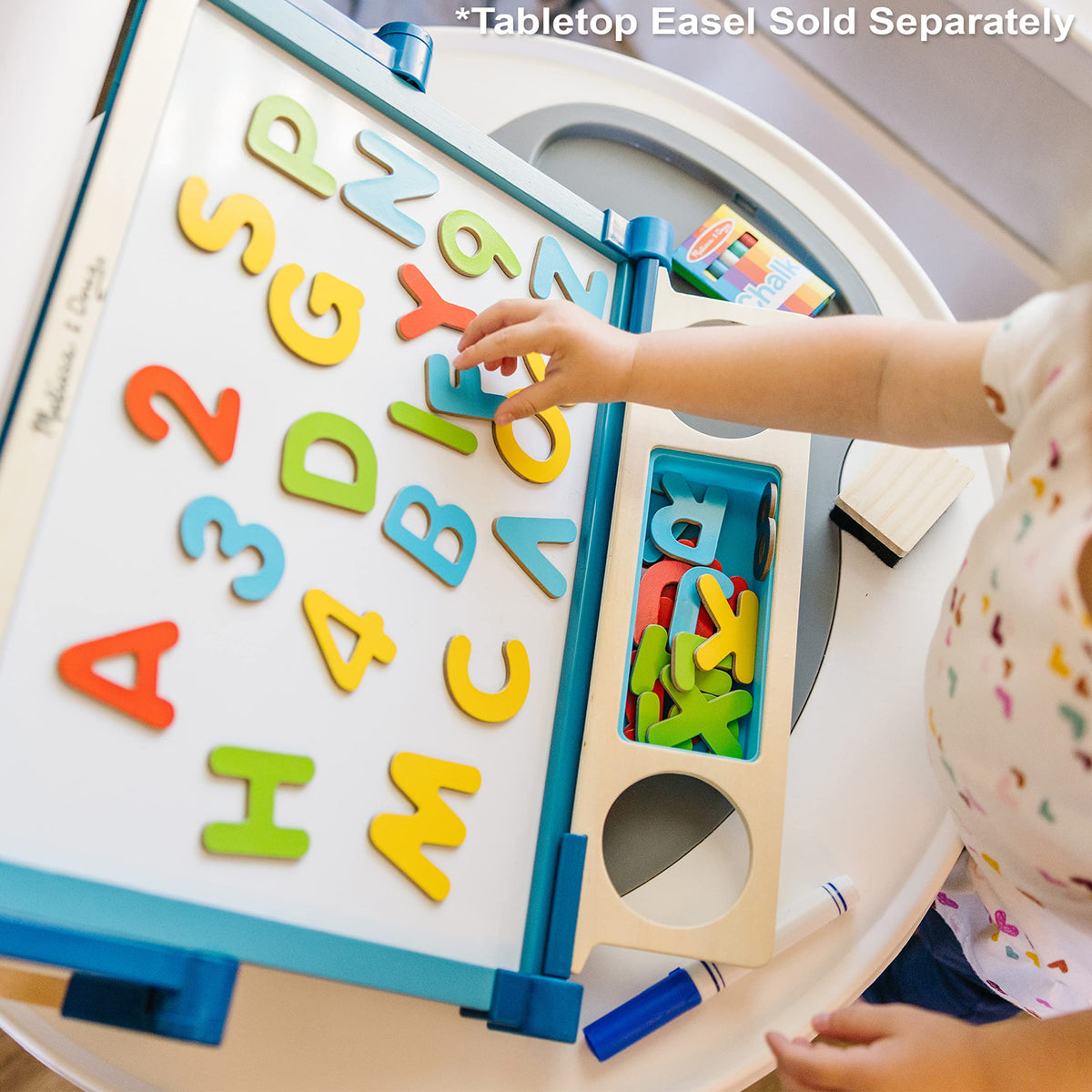 Melissa & Doug Deluxe Magnetic Letters and Numbers Set wooden box stores magnets neatly.