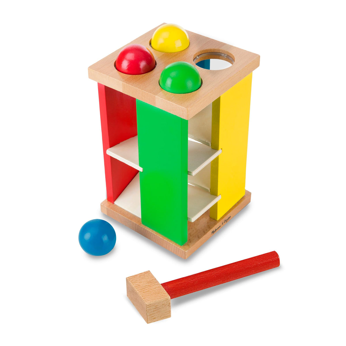 Melissa & Doug Deluxe Pound & Roll Tower hammer in use boosts hand-eye coordination