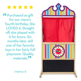 Chalkboard panel on Melissa and Doug puppet theater for showbill notes.