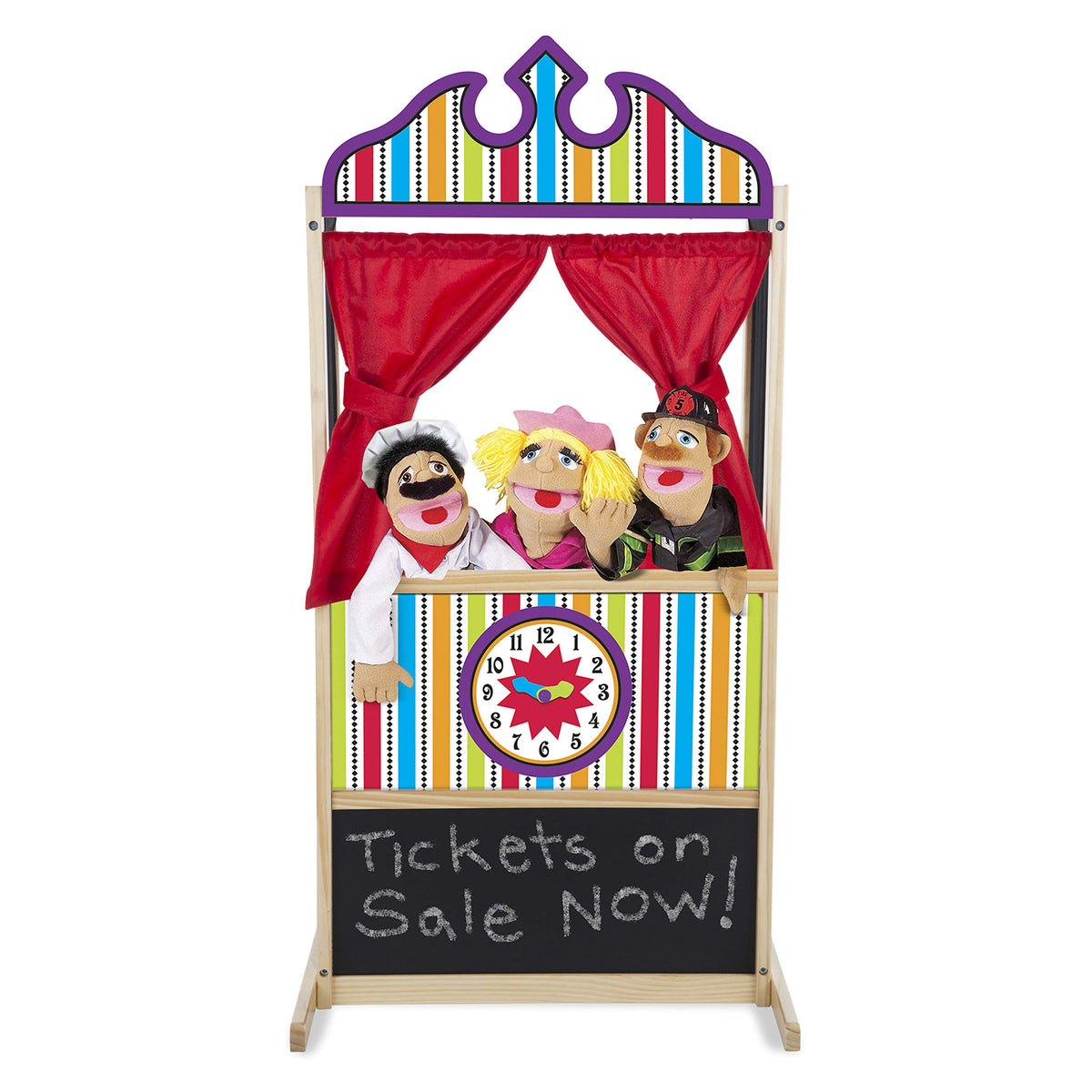 Curtains close-up on plush velvet fabric of Melissa and Doug puppet theater for cozy storytelling.