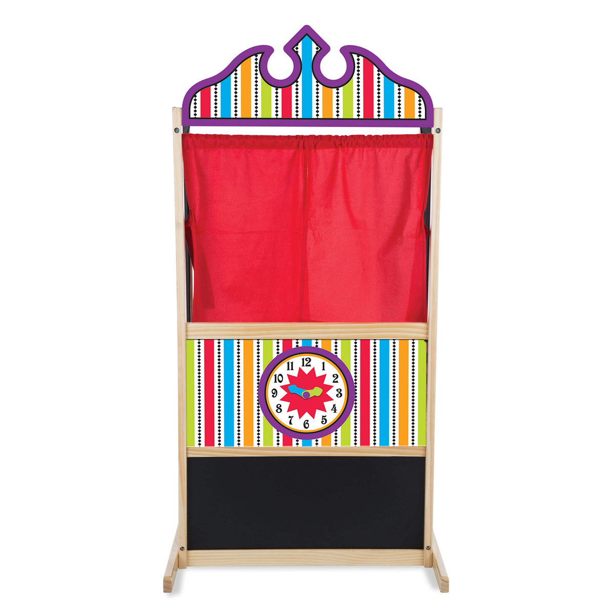 Melissa and Doug deluxe puppet theater front view with sturdy wood for imaginative performances.
