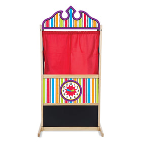 Melissa and Doug deluxe puppet theater front view with sturdy wood for imaginative performances.