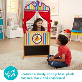 Interior stage view of Melissa and Doug puppet theater with roomy space for two puppeteers.