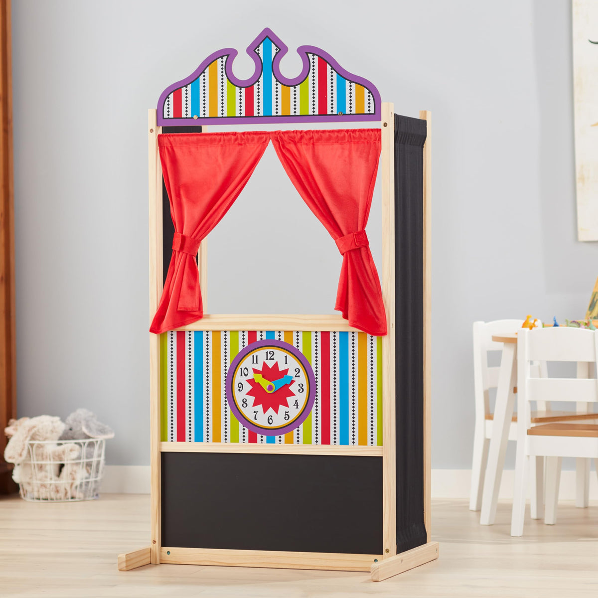 Melissa and Doug puppet theater packaging and assembly guidance.