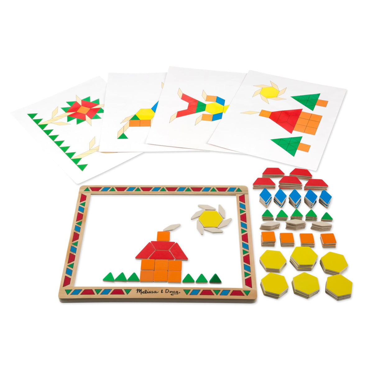 Melissa & Doug deluxe wooden magnetic pattern blocks board highlighting shapes.