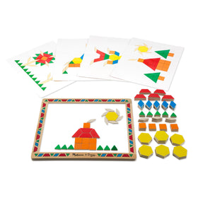 Melissa & Doug deluxe wooden magnetic pattern blocks board highlighting shapes.