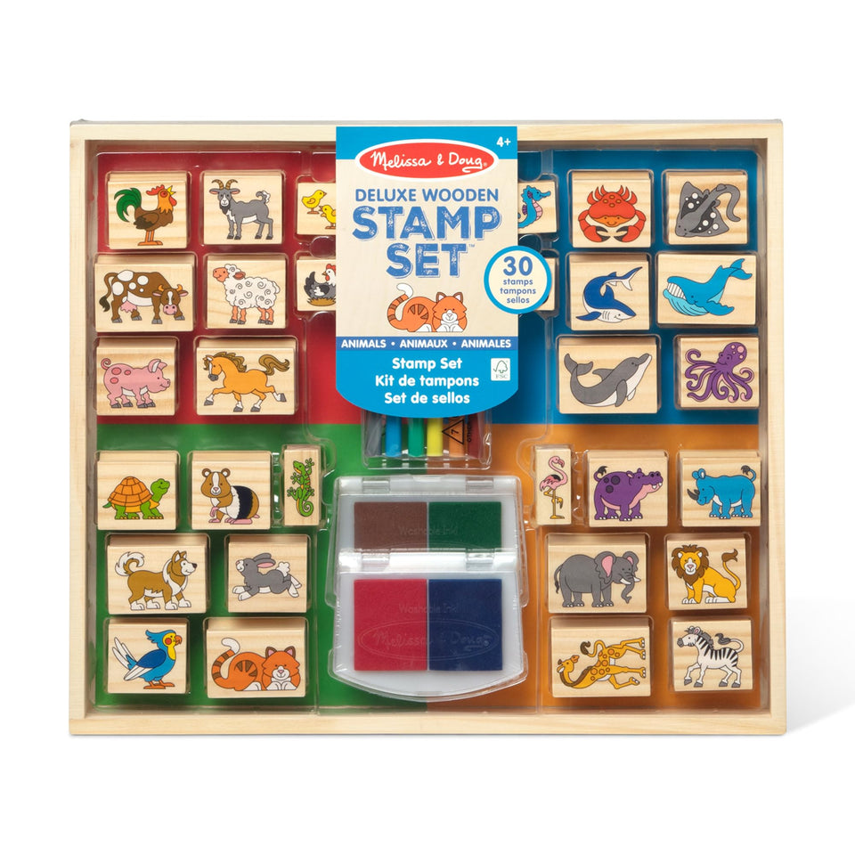 Melissa & Doug deluxe wooden stamp set animals collection—perfect for imaginative animal scenes and storytelling.