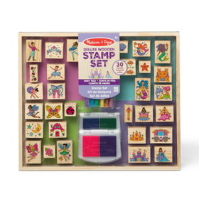 Melissa and Doug deluxe wooden stamps with fairy-tale designs for imaginative storytelling.