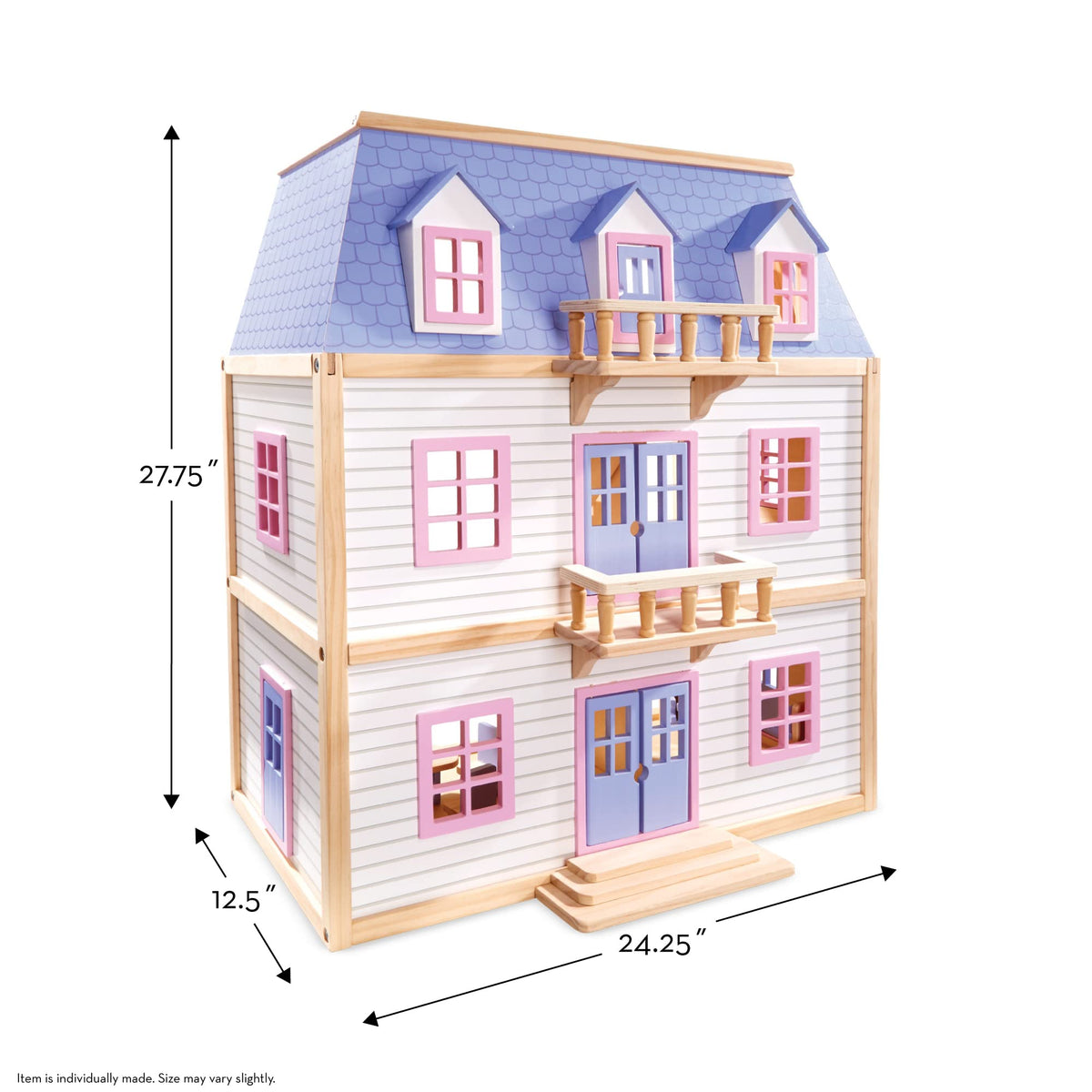 Dollhouse dimensions 28 by 24.5 by 15.5 inches indicate sturdy, compact footprint.