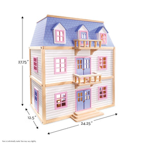 Dollhouse dimensions 28 by 24.5 by 15.5 inches indicate sturdy, compact footprint.