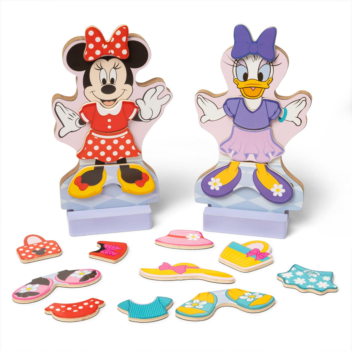 Melissa & Doug Minnie Mouse and Daisy Duck dress-up figures with magnetic outfits for pretend play.