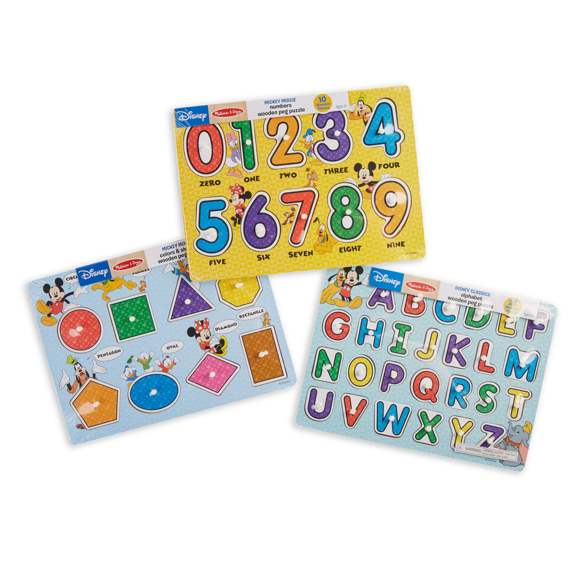 Melissa & Doug Disney peg puzzle shapes and colors teaches shape and color names.