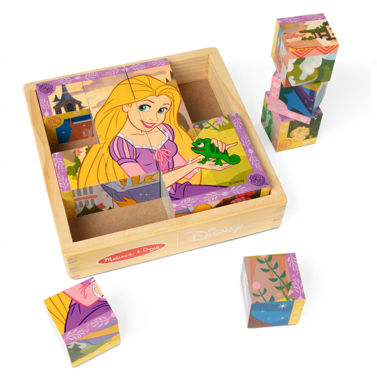 Melissa & Doug Disney Princess Belle cube puzzle scene promotes visual clues and cooperative play.