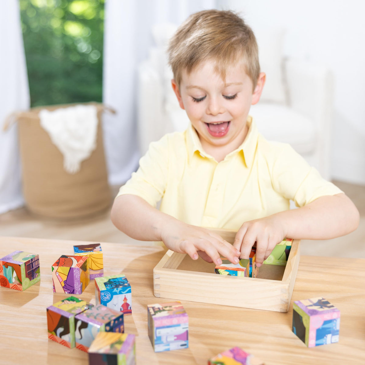 Melissa & Doug wooden blocks close-up showing smooth edges for safe stacking and grasping.