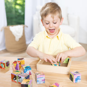 Melissa & Doug wooden blocks close-up showing smooth edges for safe stacking and grasping.