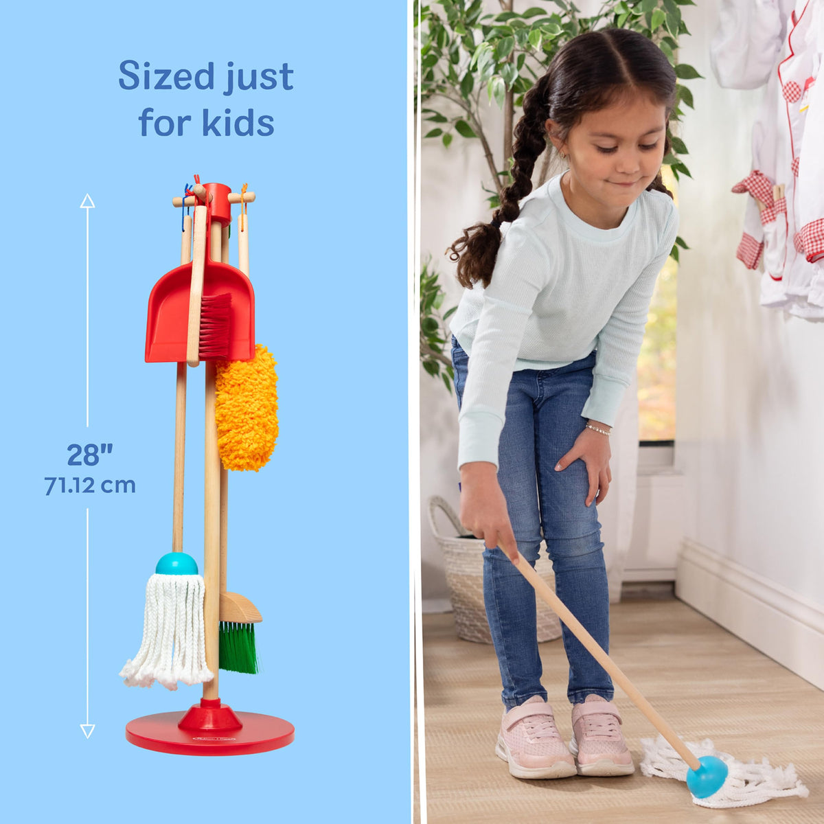 Melissa & Doug dust sweep mop wooden handles provide comfortable, durable pretend play.