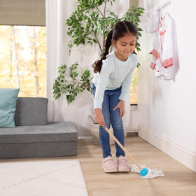 Melissa & Doug dust sweep mop wooden stand keeps accessories organized after playtime.
