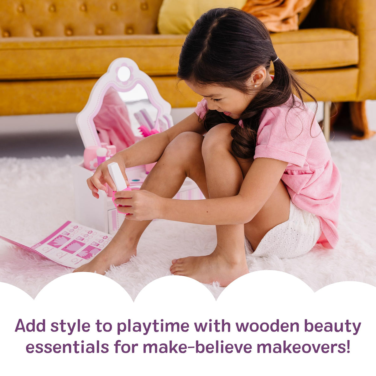 Melissa & Doug FSC-certified wooden toy vanity offers durable, eco-friendly pretend play.
