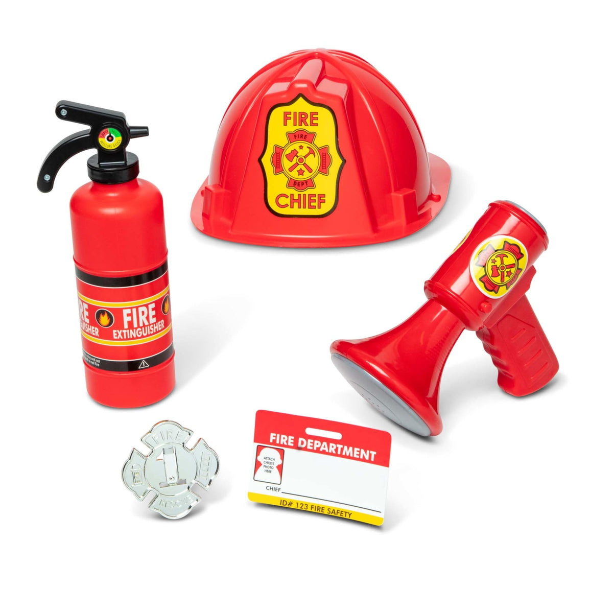 Melissa & Doug Fire Chief dress-up set bundles the jacket, helmet, badge, and accessories.