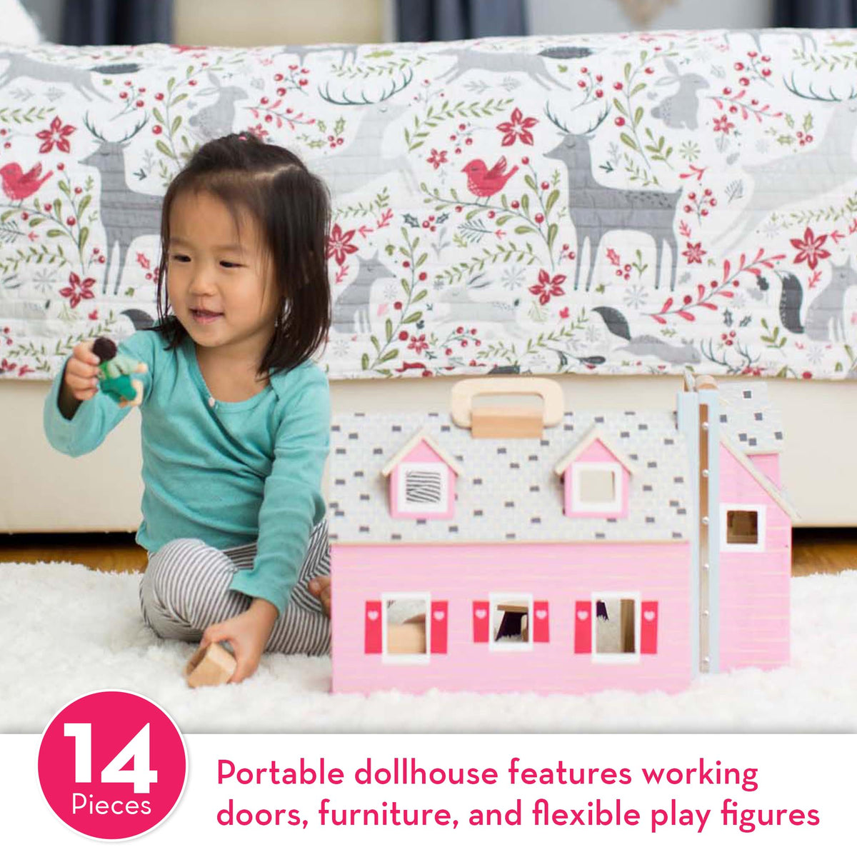 Fold & Go Dollhouse interior shown with 11 pieces of furniture for decorating.