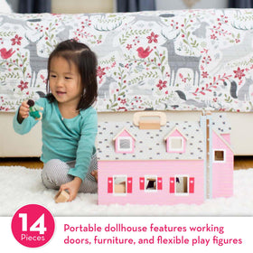 Fold & Go Dollhouse interior shown with 11 pieces of furniture for decorating.