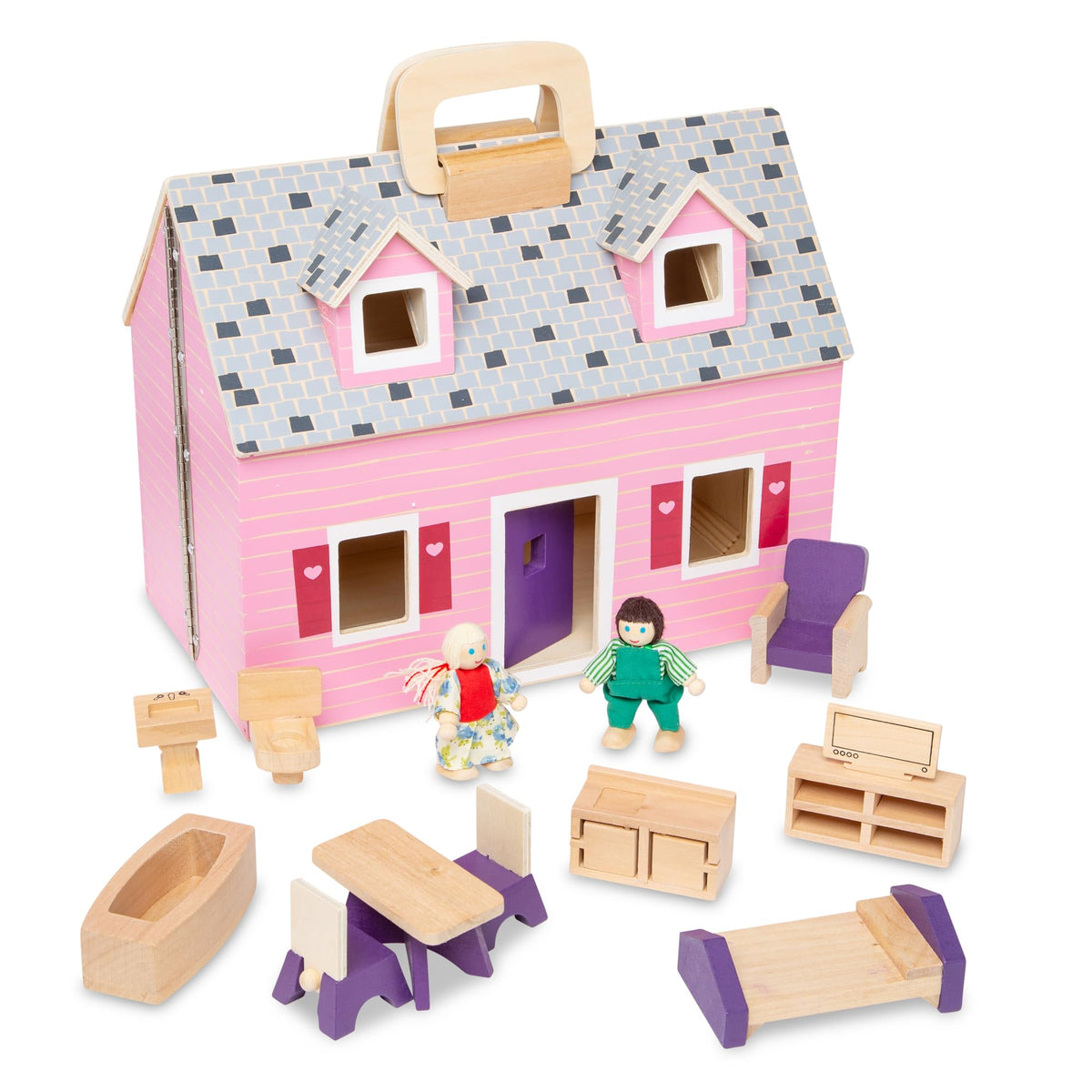 Melissa & Doug Fold & Go Dollhouse opened to four rooms for imaginative play on the go.