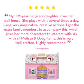 Portable Fold & Go Dollhouse design with handles for travel and storage.
