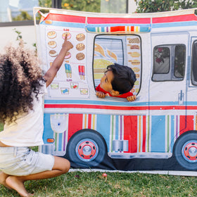 Melissa & Doug fabric food truck's sturdy floor and roll-up flaps withstand play