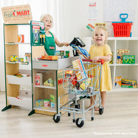 Melissa & Doug apron for pretend grocer role-play enhances dressing up realism.