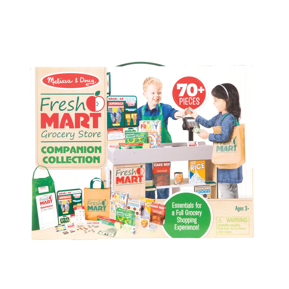 Melissa & Doug conveyor belt divider helps organize pretend groceries during play.