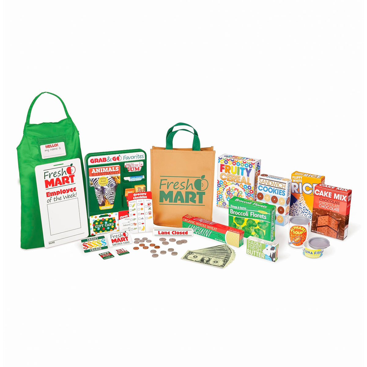 Melissa & Doug Fresh Mart companion set grocery shelf display for imaginative shopping play.