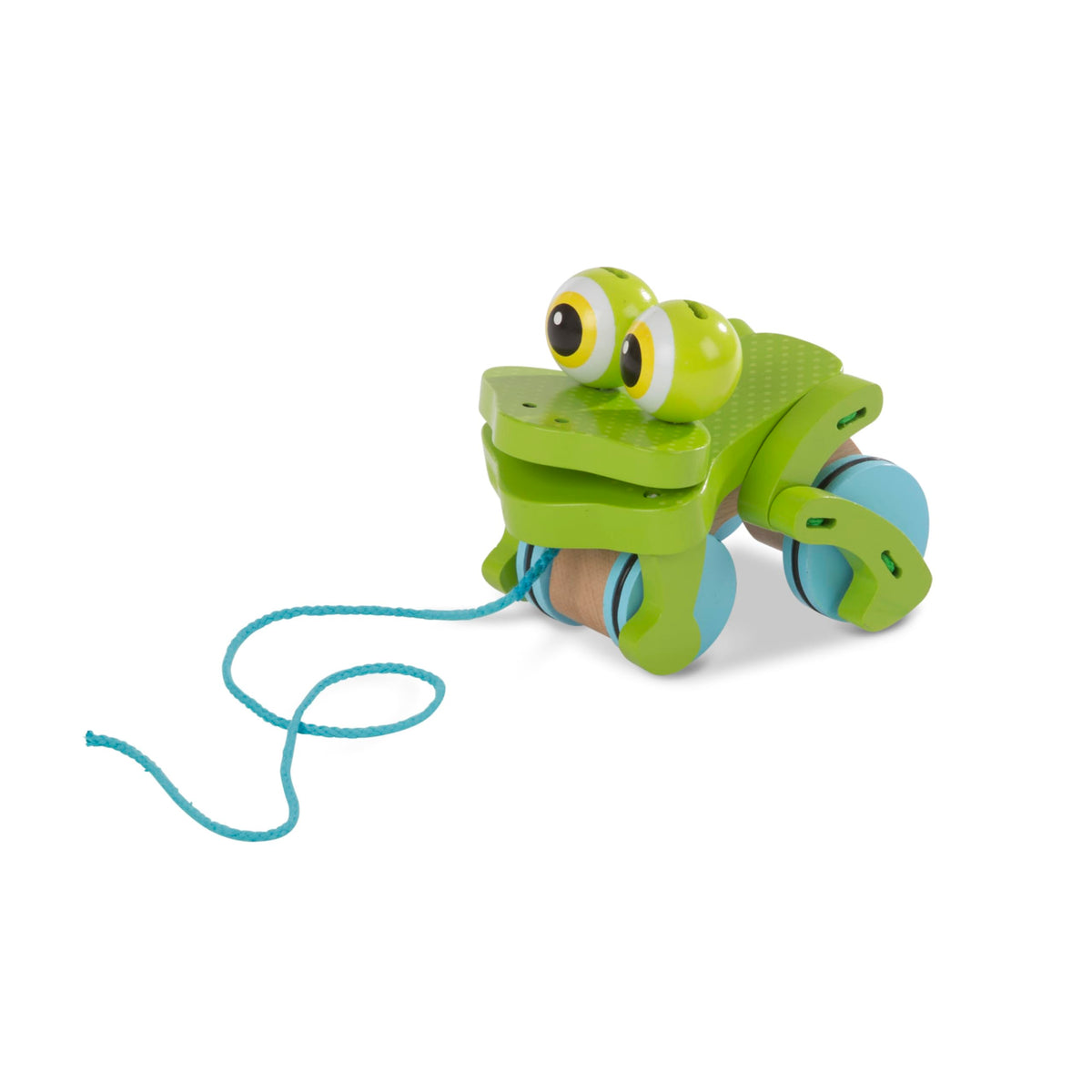 Melissa & Doug Frolicking Frog pull toy, front view, bright colors for visual attention