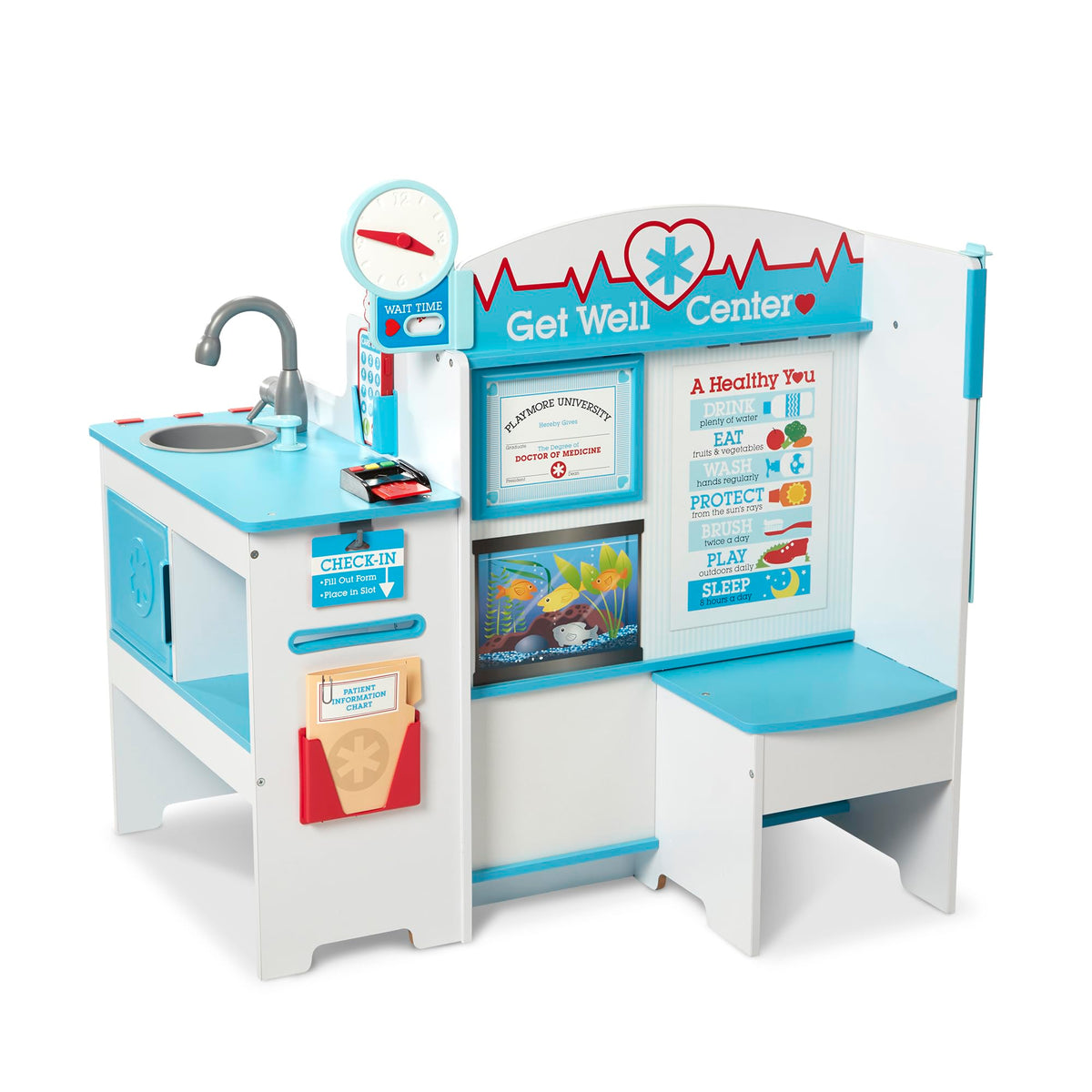 Melissa & Doug Get Well Doctor Center waiting area seat supports kid-friendly check-in and comfort