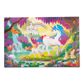 Melissa and Doug glow-in-the-dark unicorn puzzle pieces ready for assembly, boosting spatial skills.
