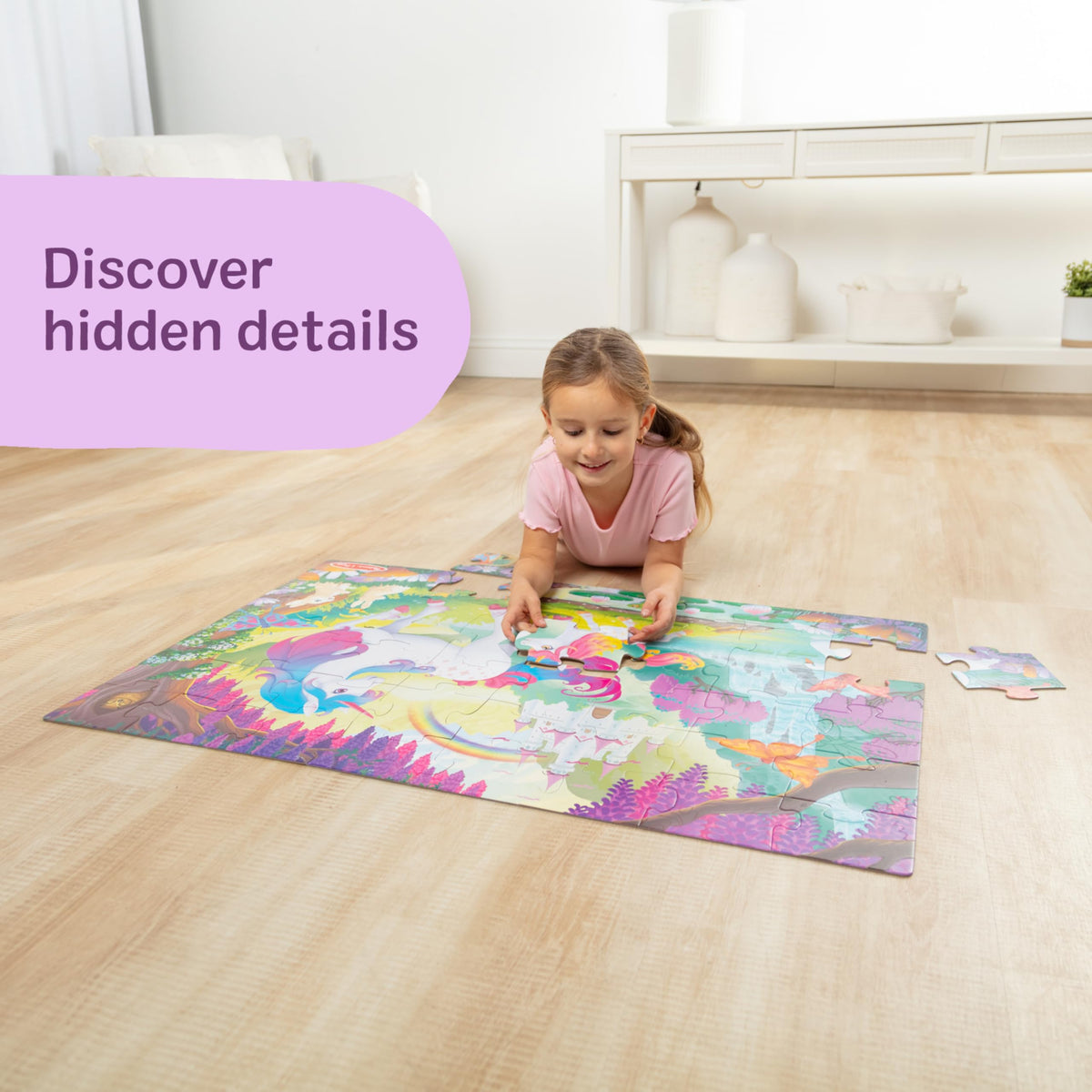 Melissa and Doug glow-in-the-dark unicorn puzzle includes woodland animals to spark curiosity.