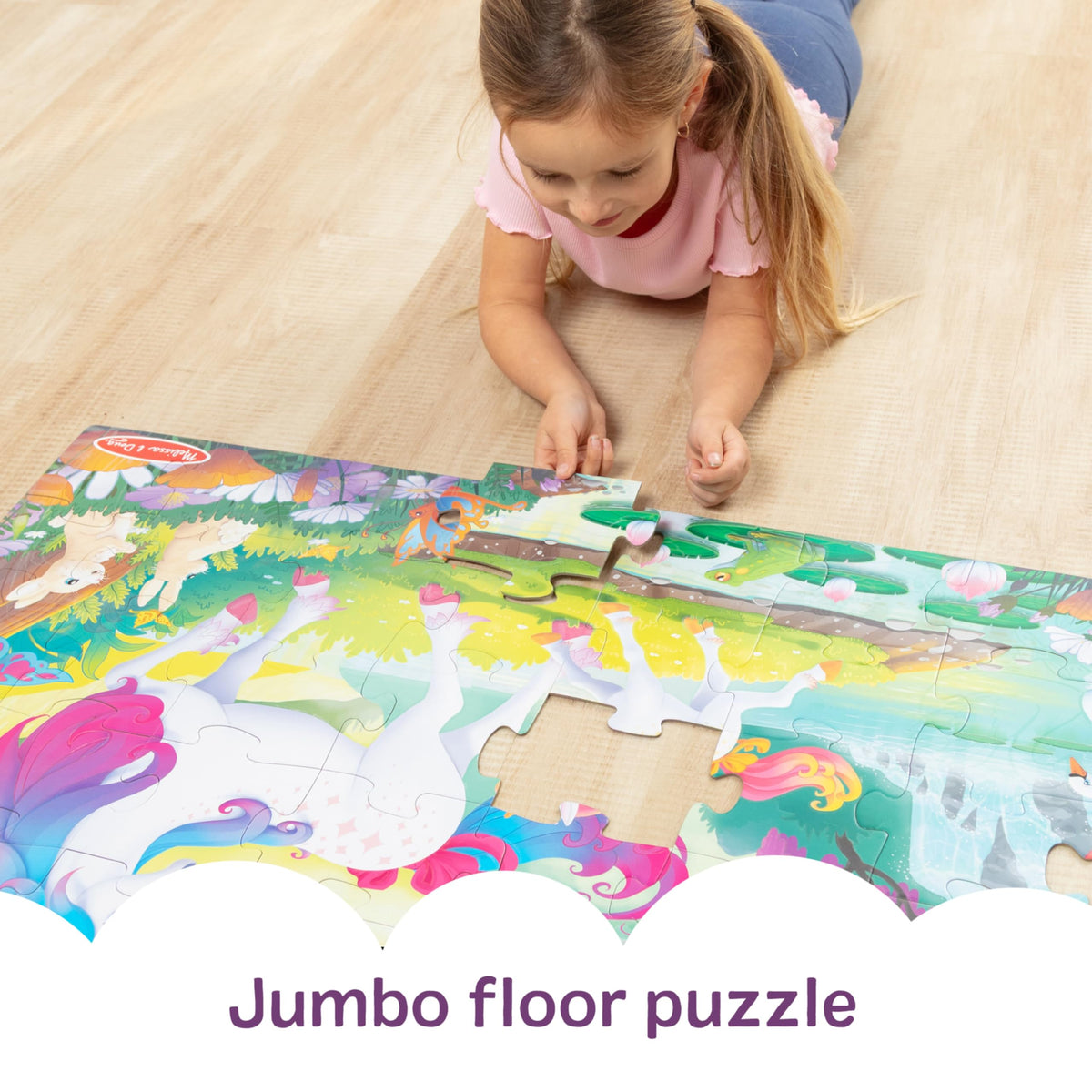 Melissa and Doug glow-in-the-dark unicorn puzzle fully assembled reveals glowing details.