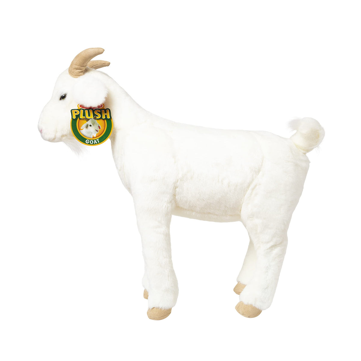 Goat plush with soft pointy horns for gentle posing and play.
