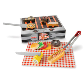 Melissa & Doug Grill & Serve BBQ set with uncooked and cooked wooden food for realistic pretend grilling.