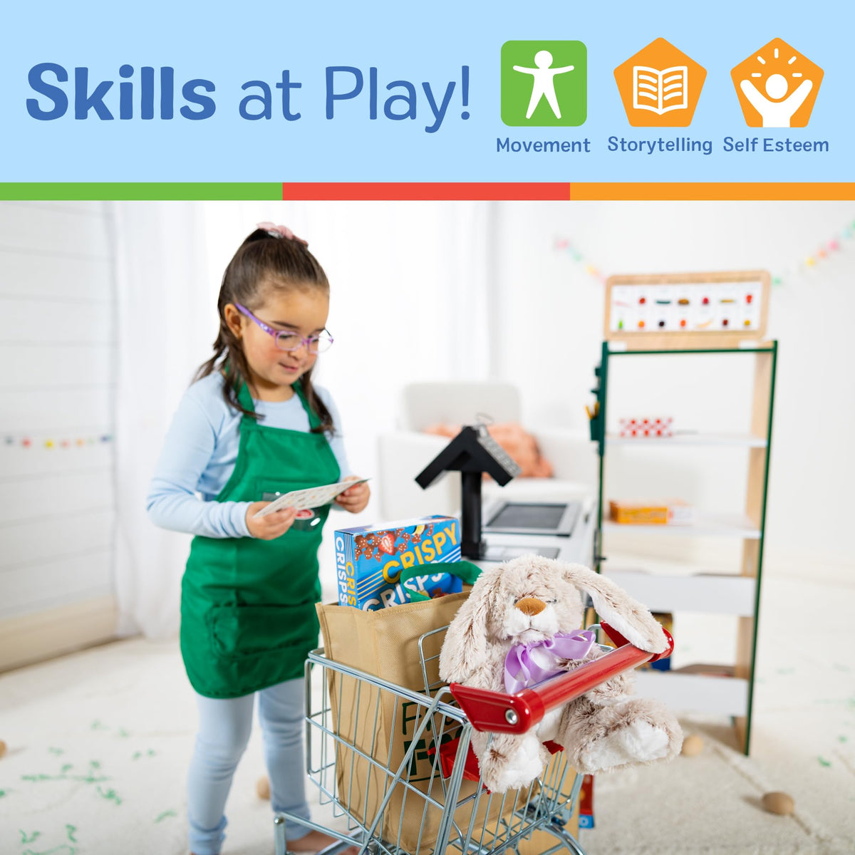 Melissa & Doug grocery store pretend play scene with cart in use