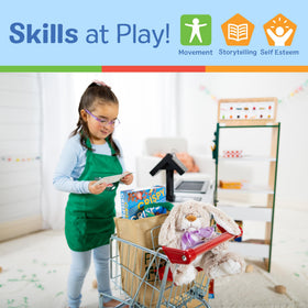 Melissa & Doug grocery store pretend play scene with cart in use