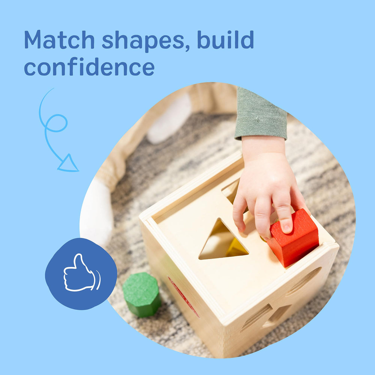 Matching holes on the Melissa & Doug cube support fine motor and problem-solving skills.