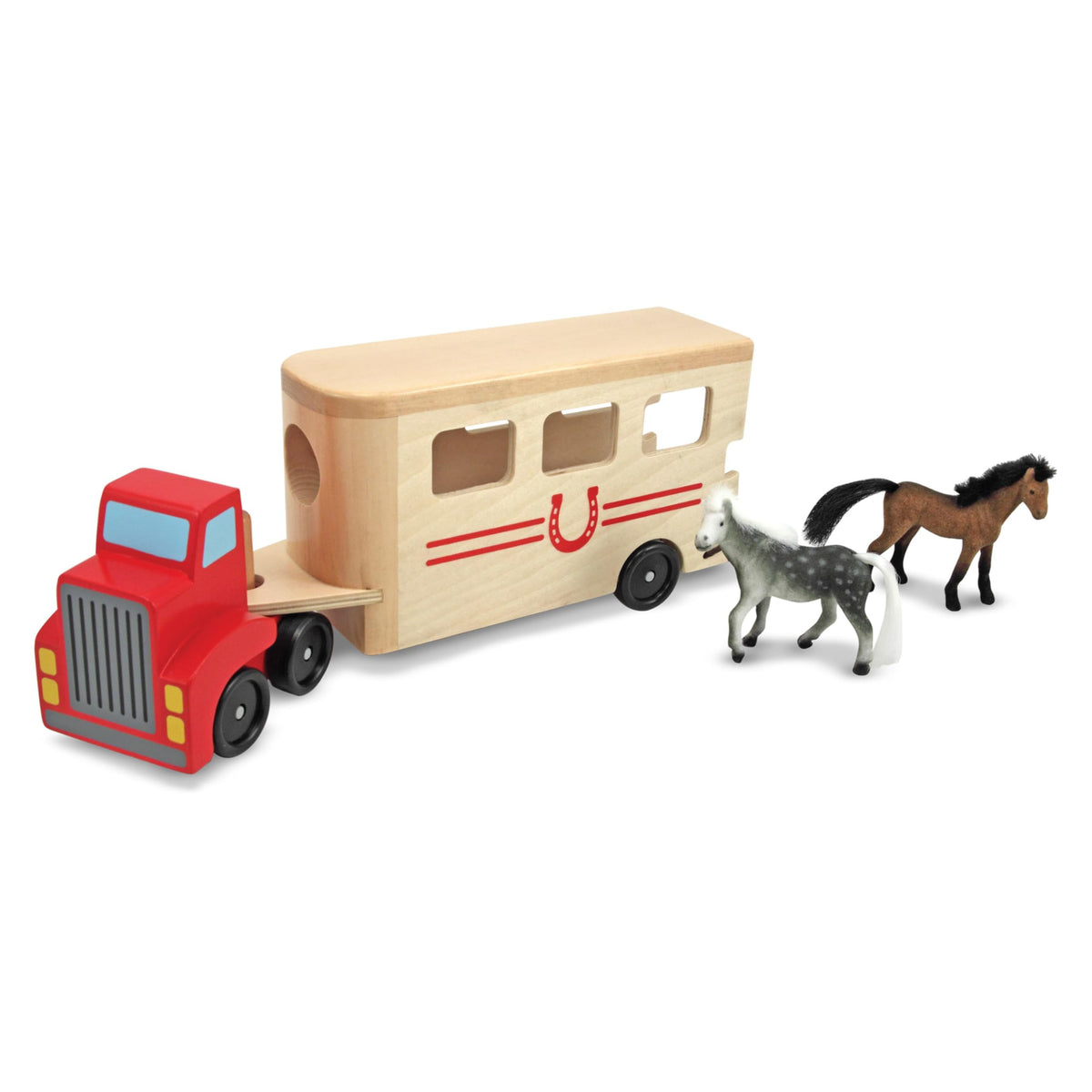 Melissa & Doug horse carrier trailer and wooden cab for open-ended pretend play.