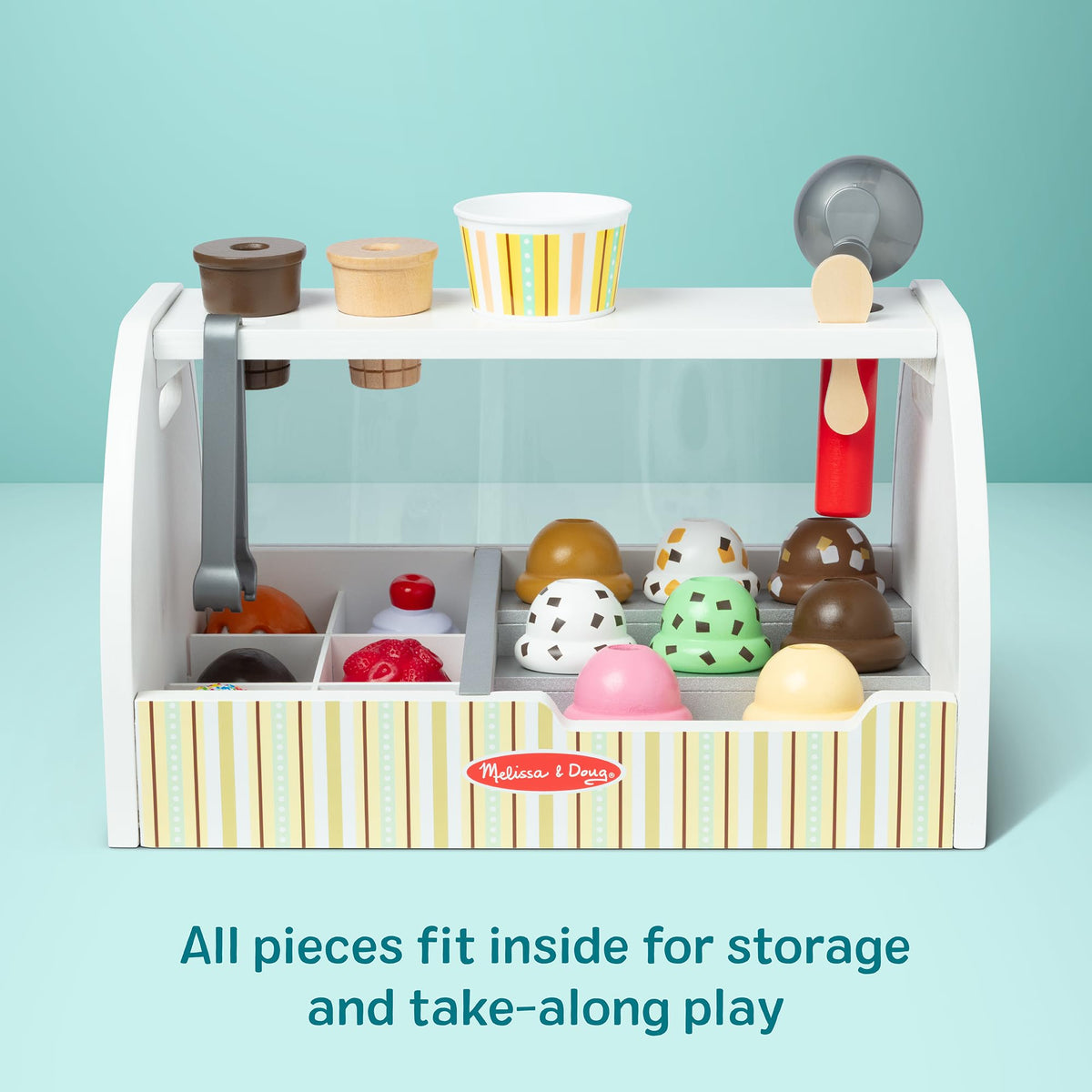 Melissa & Doug ice cream cones and cups provide authentic serving play.