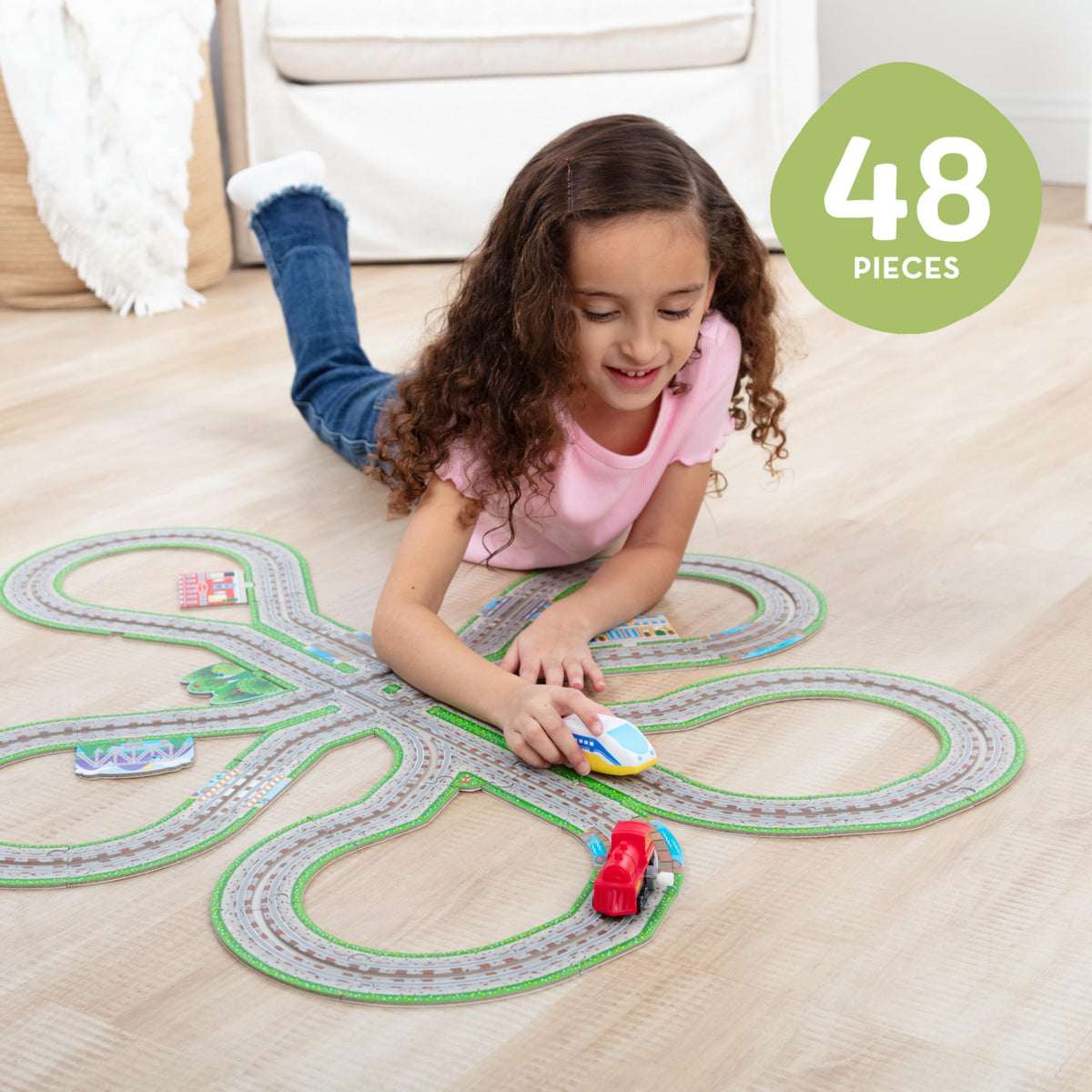 Children playing with Melissa & Doug trains supports imaginative, hands-on exploration