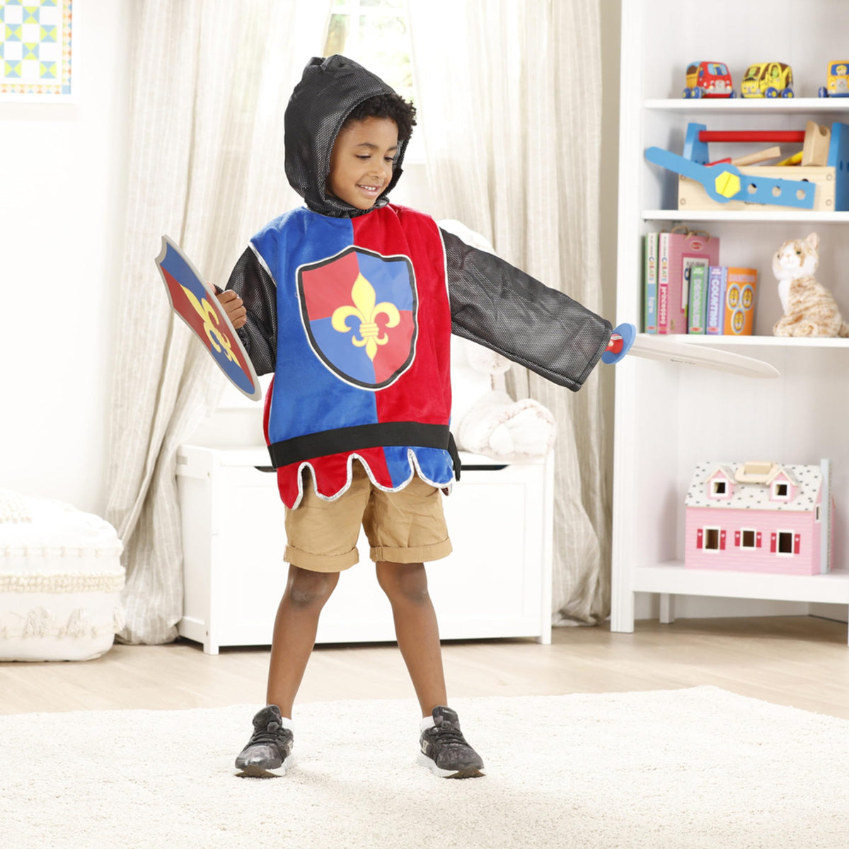 Machine-washable Melissa & Doug costume pieces simplify cleanup after play.